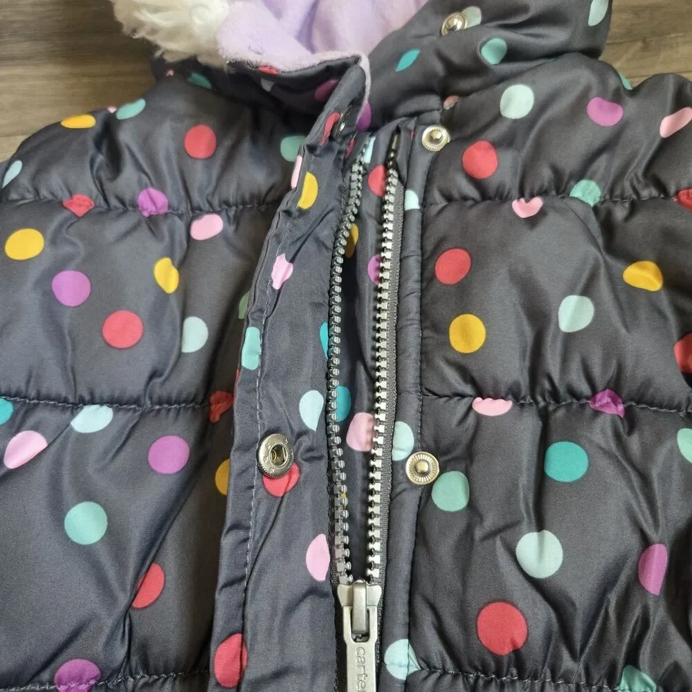 Carters Girls 3T Multicolor Polka Dot Puffer Coat Grey Faux Fur Hooded Jacket